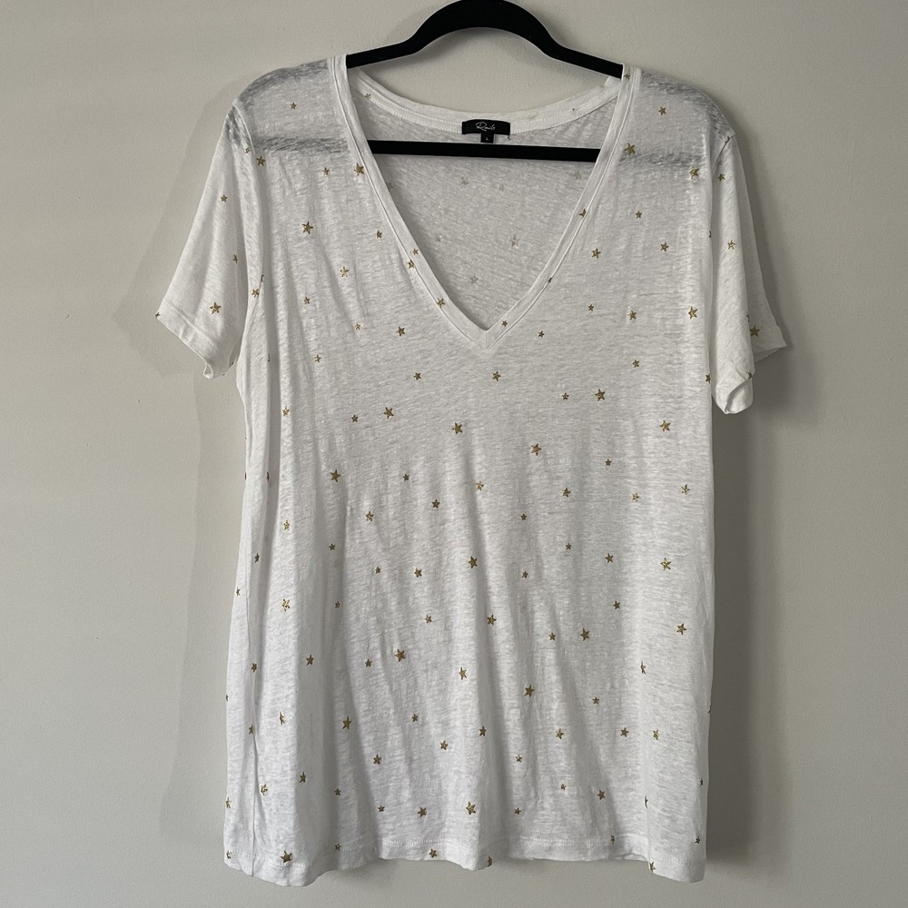 Rails Cara White Gold Foil Star V Neck Shirt Sz L Linen Blend Celestial Graphic